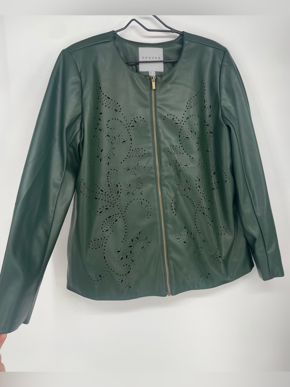 Susan Graver Dark Green Perforated Design Faux Leather Bomber Jacket Zip Front - Picture 2 of 7